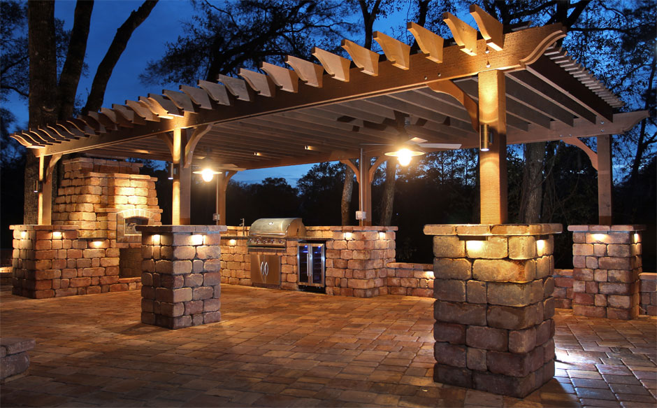 commercially lit pergola at night