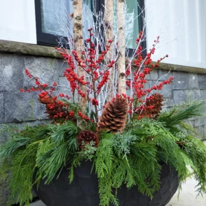 Winter pot arrangement for commercial landscape