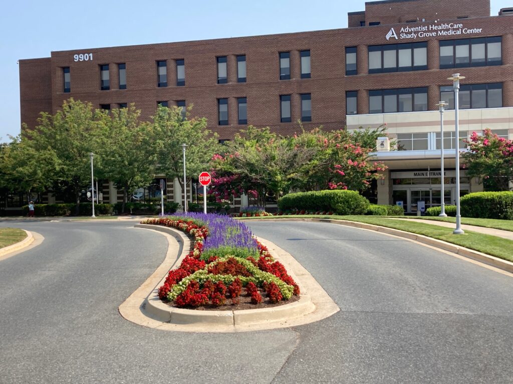 Colorful flowerbed display at Shady Grove Hospital