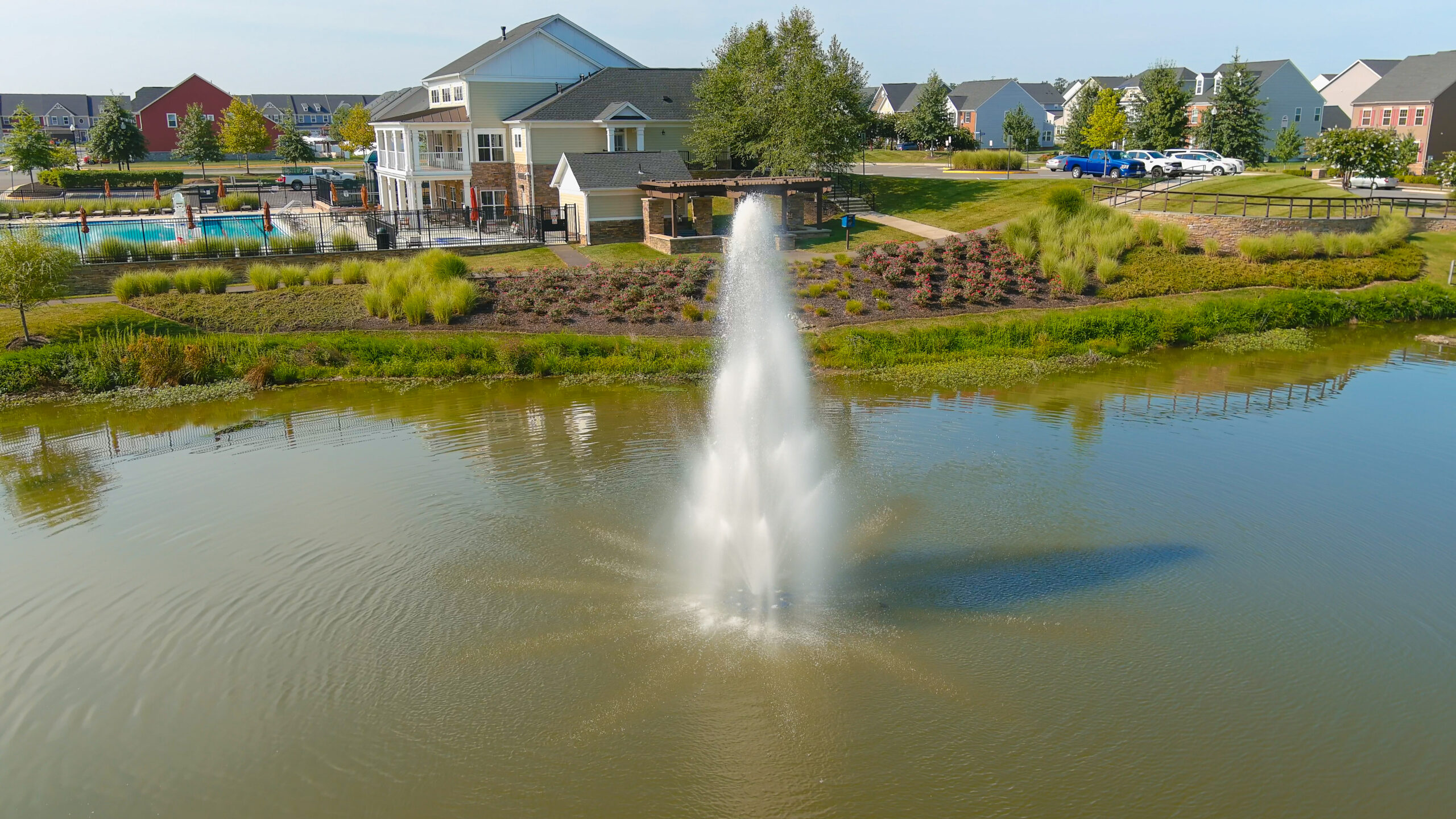 Stunning water feature in front of Northern Virginia HOA clubhouse.